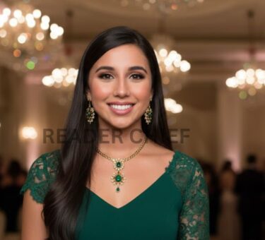 Elegant woman wearing a green dress and jewelry at a formal indoor event