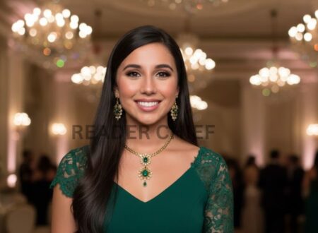 Elegant woman wearing a green dress and jewelry at a formal indoor event