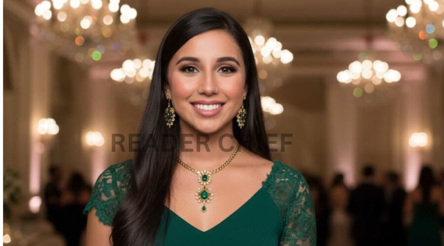 Elegant woman wearing a green dress and jewelry at a formal indoor event