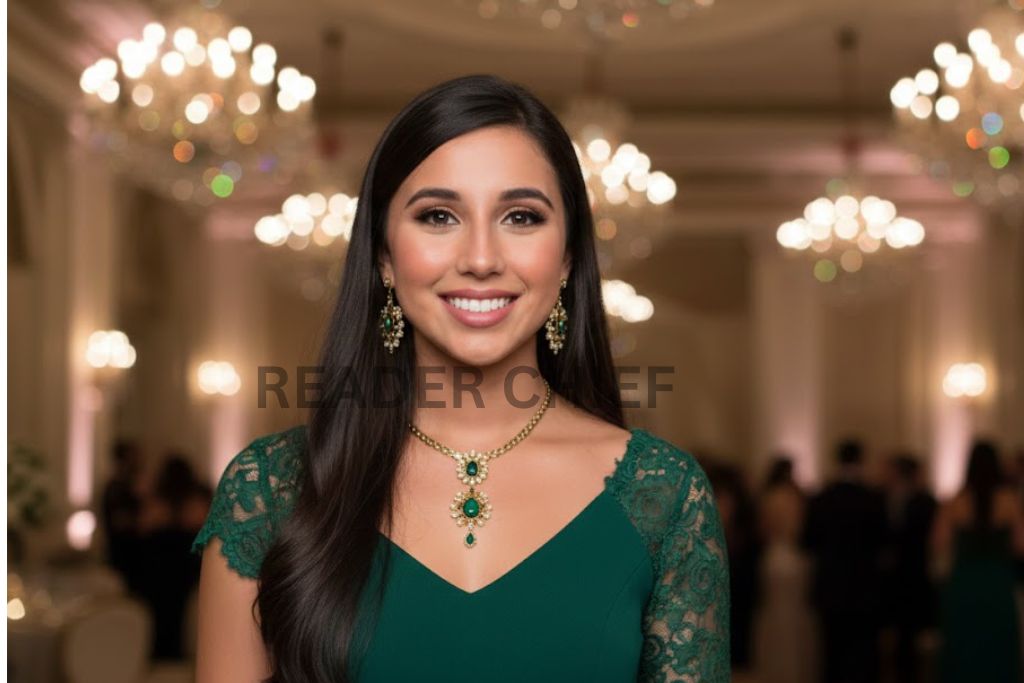 Elegant woman wearing a green dress and jewelry at a formal indoor event
