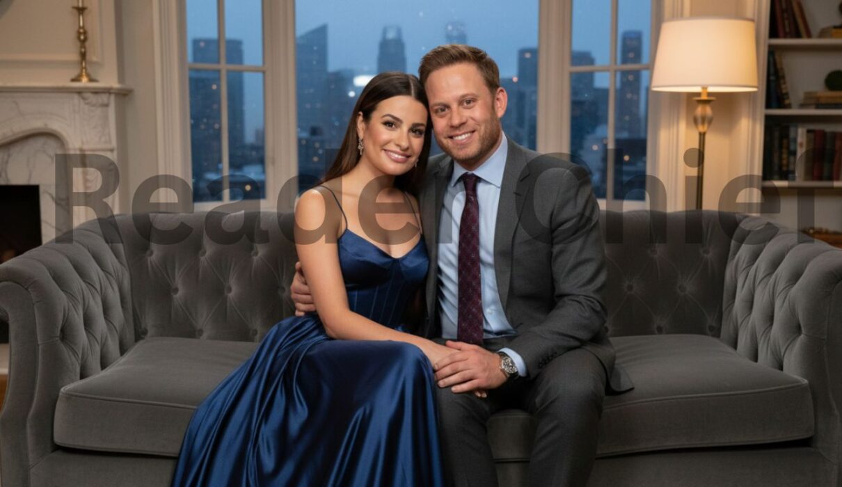 Lea Michele and her husband Zandy Reich smiling while seated together on a gray sofa in a stylish living room with city skyline visible through large windows.