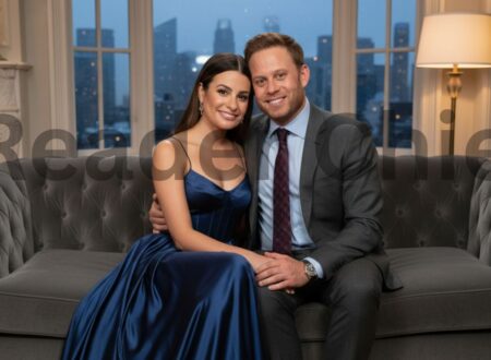 Lea Michele and her husband Zandy Reich smiling while seated together on a gray sofa in a stylish living room with city skyline visible through large windows.
