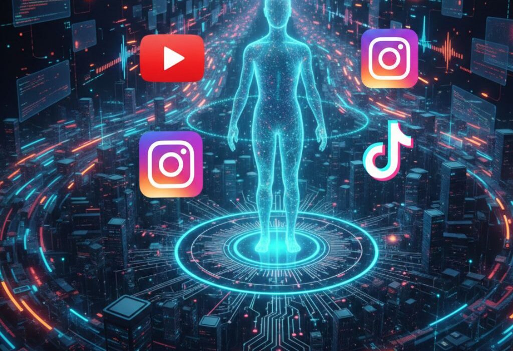 Futuristic digital scene with social media icons and glowing human silhouette symbolizing lasting online presence and permanentad strategy."