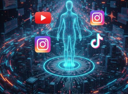 Futuristic digital scene with social media icons and glowing human silhouette symbolizing lasting online presence and permanentad strategy."