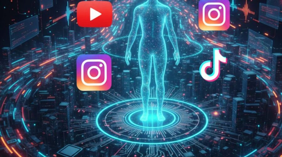 Futuristic digital scene with social media icons and glowing human silhouette symbolizing lasting online presence and permanentad strategy."