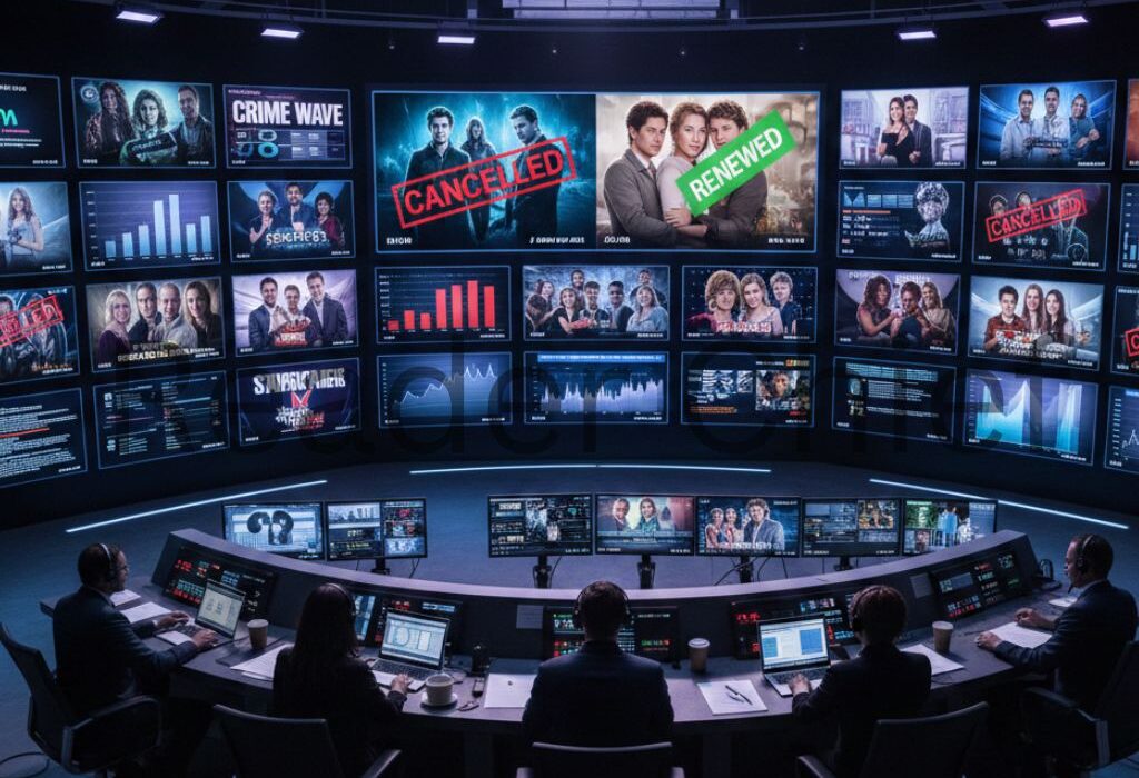CBS TV renewal and cancellation decisions concept with broadcast screens and analytics