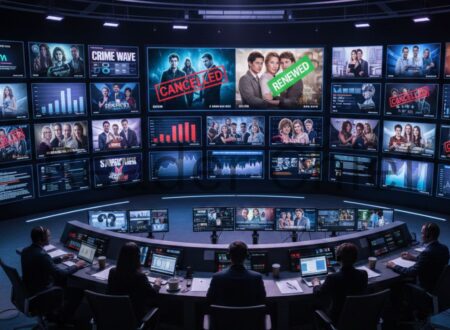 CBS TV renewal and cancellation decisions concept with broadcast screens and analytics