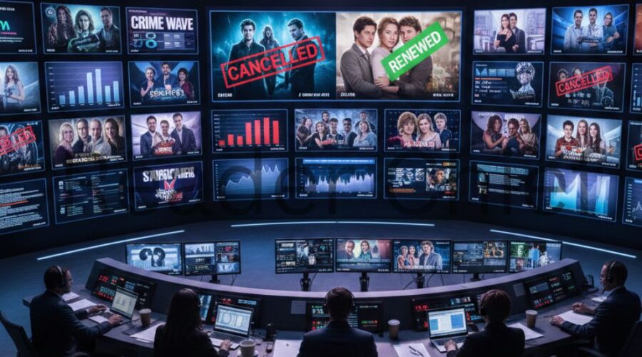 CBS TV renewal and cancellation decisions concept with broadcast screens and analytics