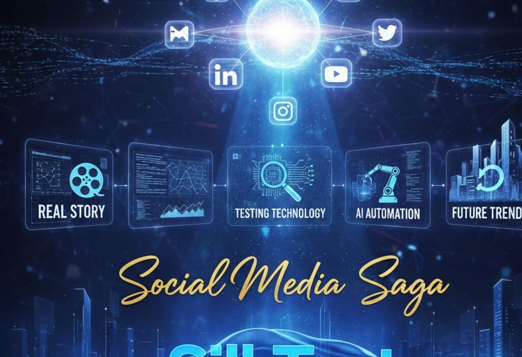 Futuristic digital poster with connected social media icons, AI automation visuals, testing technology, and future trends, titled “Social Media Saga – SilkTest 2026”.