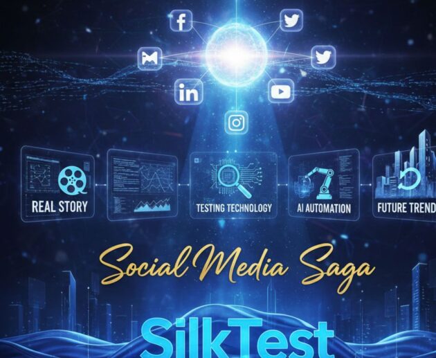Futuristic digital poster with connected social media icons, AI automation visuals, testing technology, and future trends, titled “Social Media Saga – SilkTest 2026”.