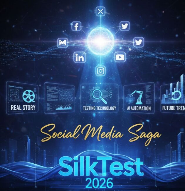 Futuristic digital poster with connected social media icons, AI automation visuals, testing technology, and future trends, titled “Social Media Saga – SilkTest 2026”.