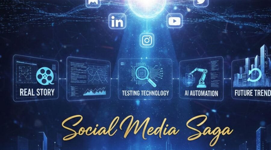 Futuristic digital poster with connected social media icons, AI automation visuals, testing technology, and future trends, titled “Social Media Saga – SilkTest 2026”.