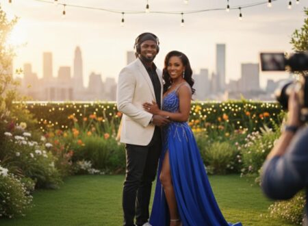 Stylish couple standing together on a rooftop garden at sunset, posing for a professional photoshoot with a city skyline in the background.