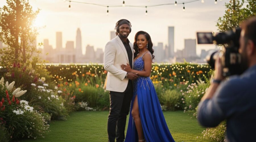 Stylish couple standing together on a rooftop garden at sunset, posing for a professional photoshoot with a city skyline in the background.